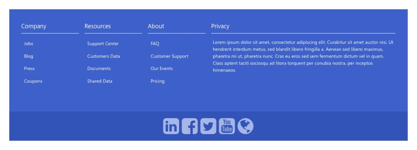 Blue SharePoint footer with four link columns, privacy paragraph and centered social icons