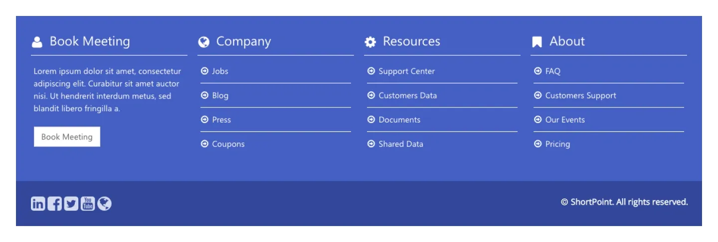 Blue footer with Book Meeting button column, three link columns and dark copyright bar with social icons