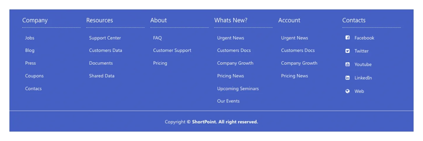 Blue six-column SharePoint footer with underlined headings and centered copyright line