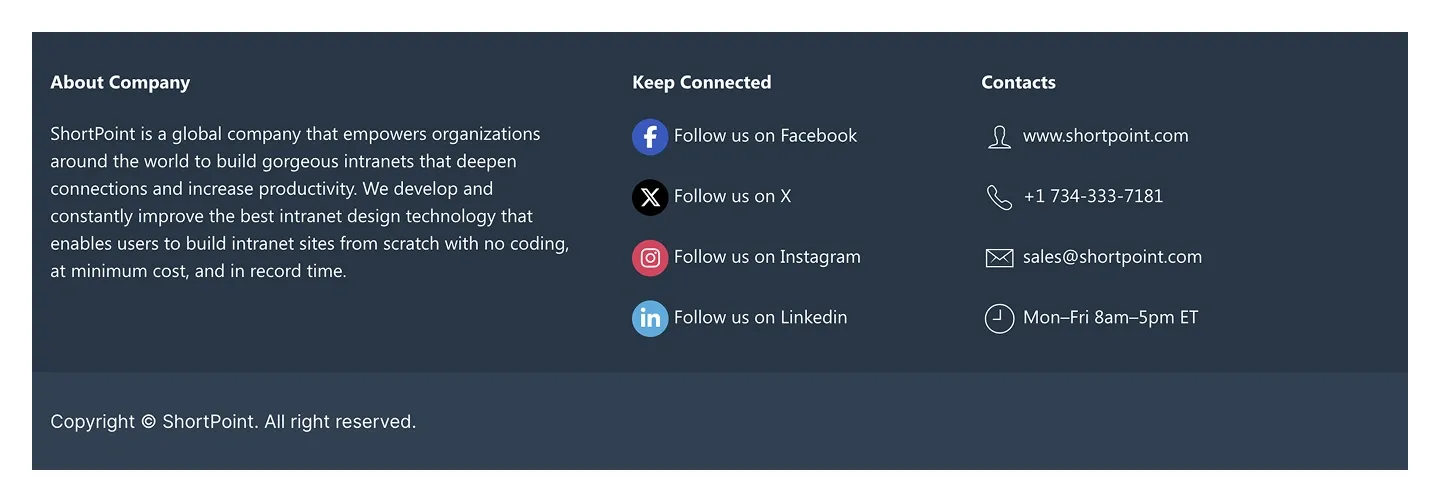 Dark three-column footer with About Company text, social follow links and contact details