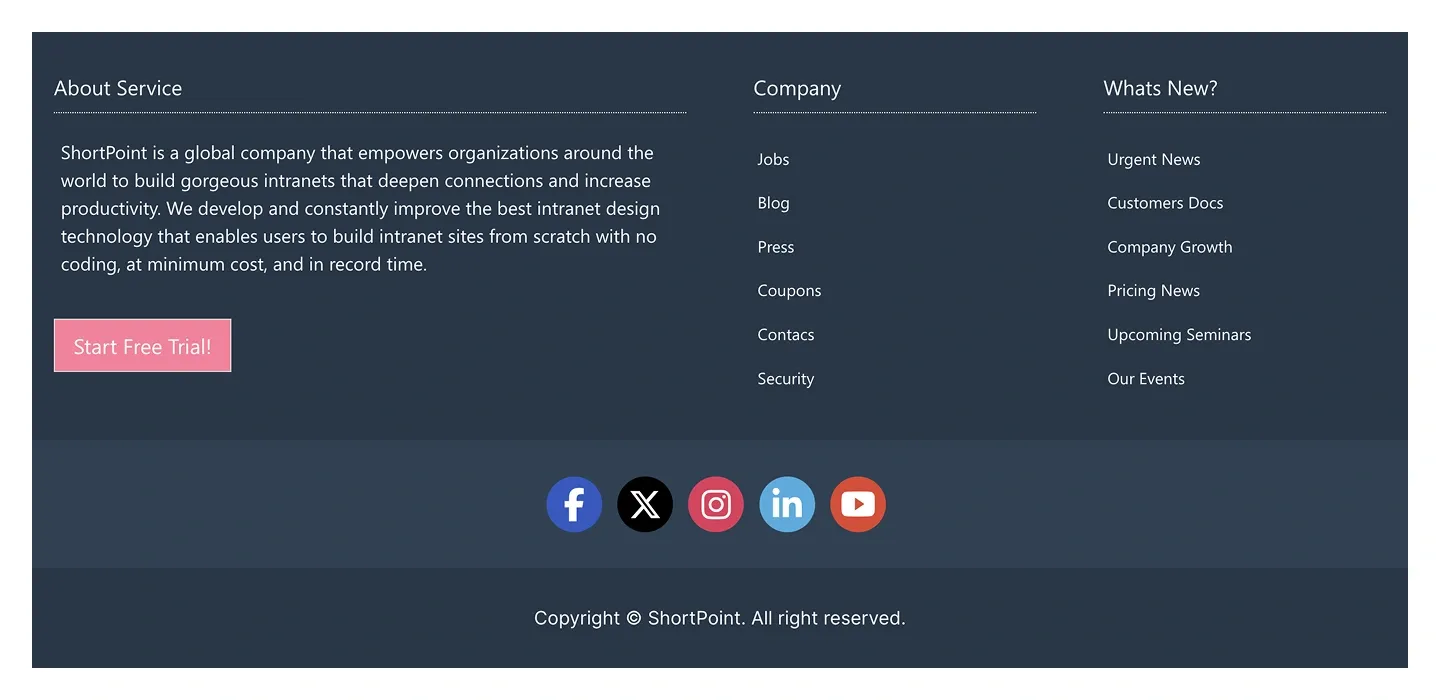 Dark footer with About Service text, pink Start Free Trial button, link columns and social icons