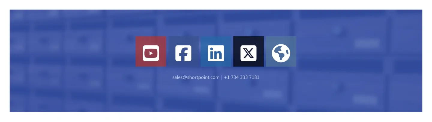 Minimal footer on blurred blue photo with five large social icon tiles and email and phone line