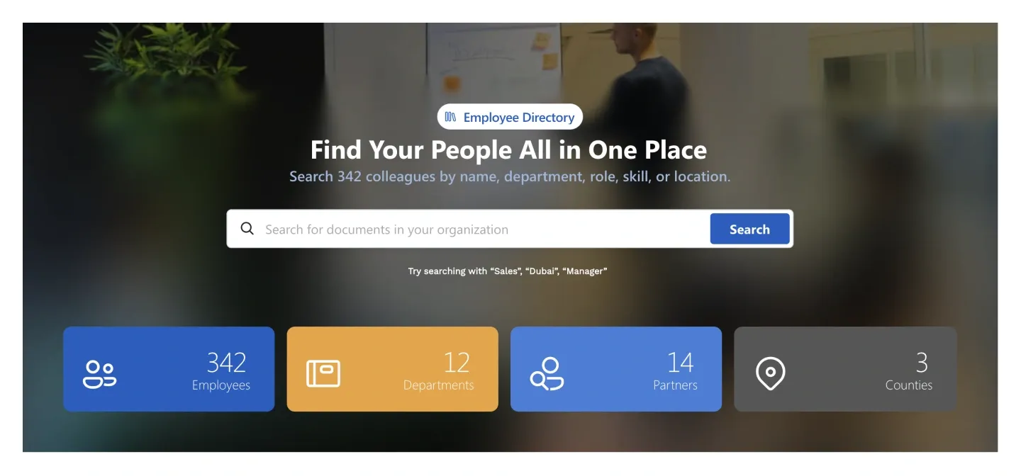 HR SharePoint header with Employee Directory search bar above four coloured stat tiles