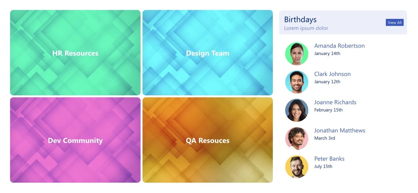 HR Hub with four colourful resource tiles beside a Birthdays list with photos and dates