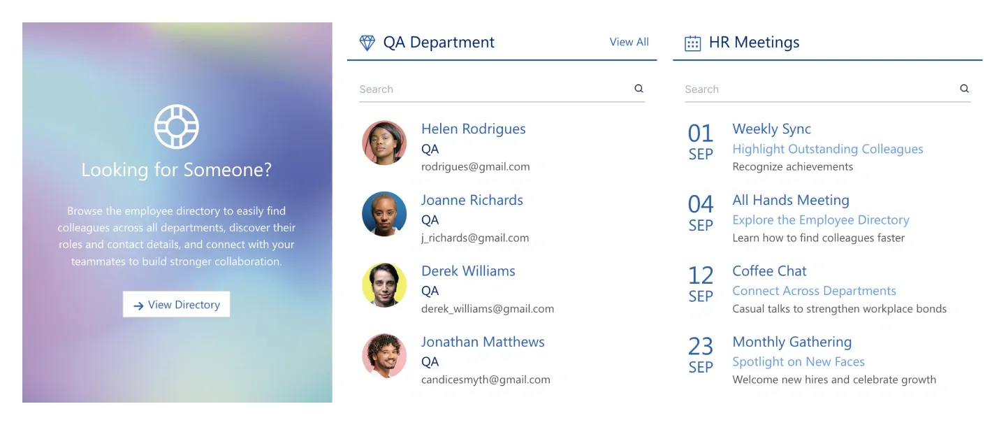 HR Meetings section with gradient directory card, QA Department people list and dated meetings list