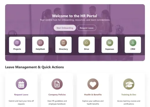 HR Portal SharePoint Template: Streamline employee onboarding, benefits, and self-service HR requests.