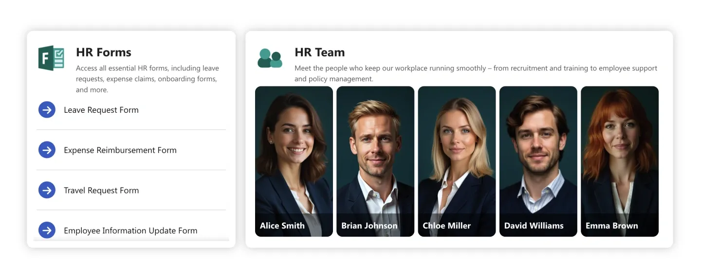 HR Team section with HR Forms list beside five staff photos with names