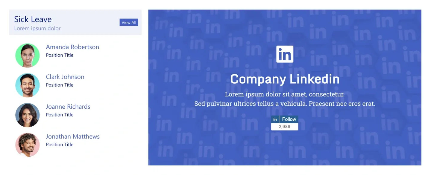 HR section with Sick Leave people list beside a blue Company LinkedIn banner with Follow button