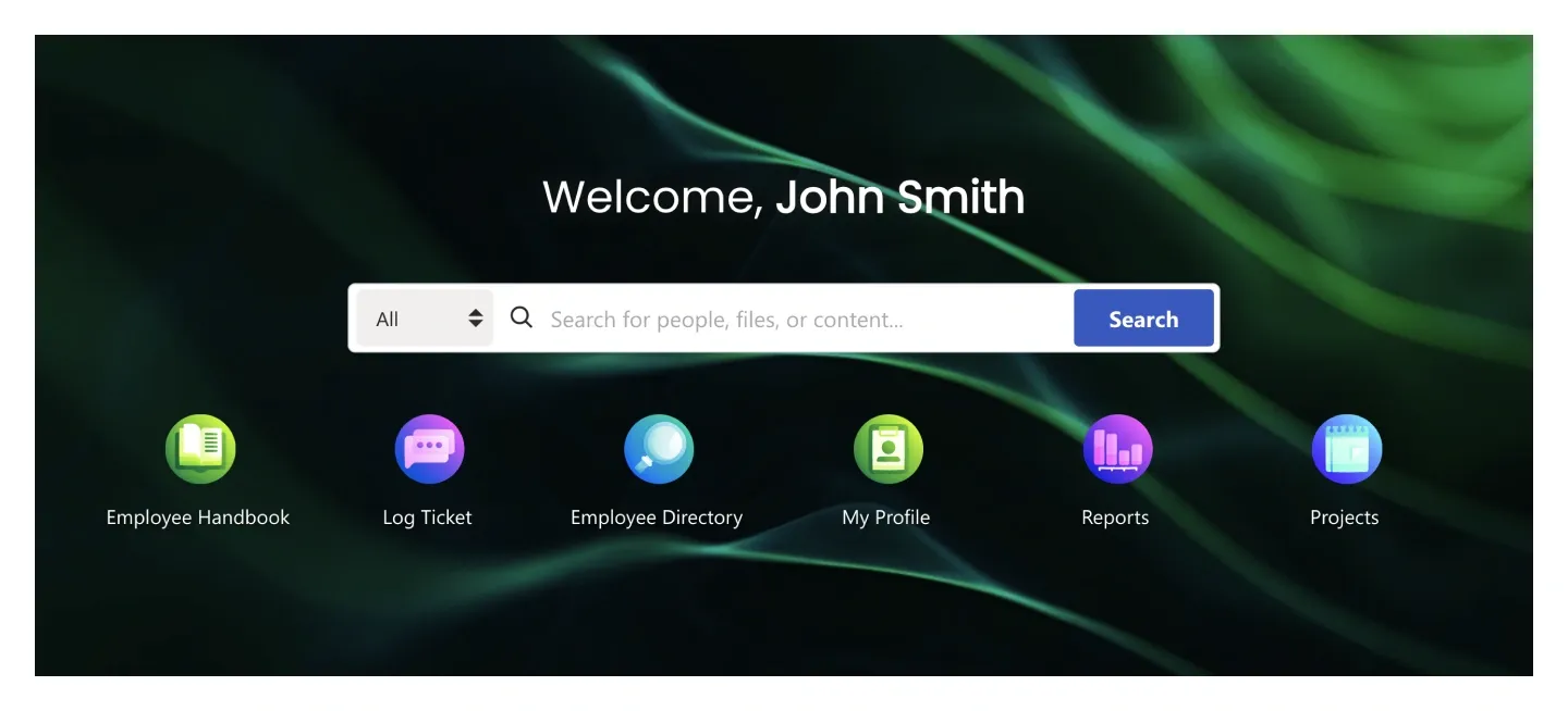 Dark green-wave SharePoint hero with welcome greeting, search bar and six round app icons