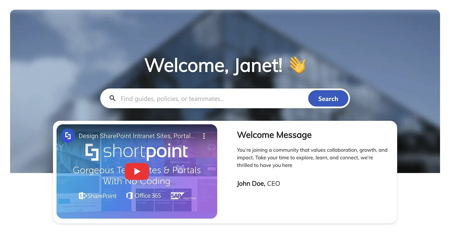 Blurred-photo SharePoint hero with welcome greeting, search bar, embedded video and CEO message card