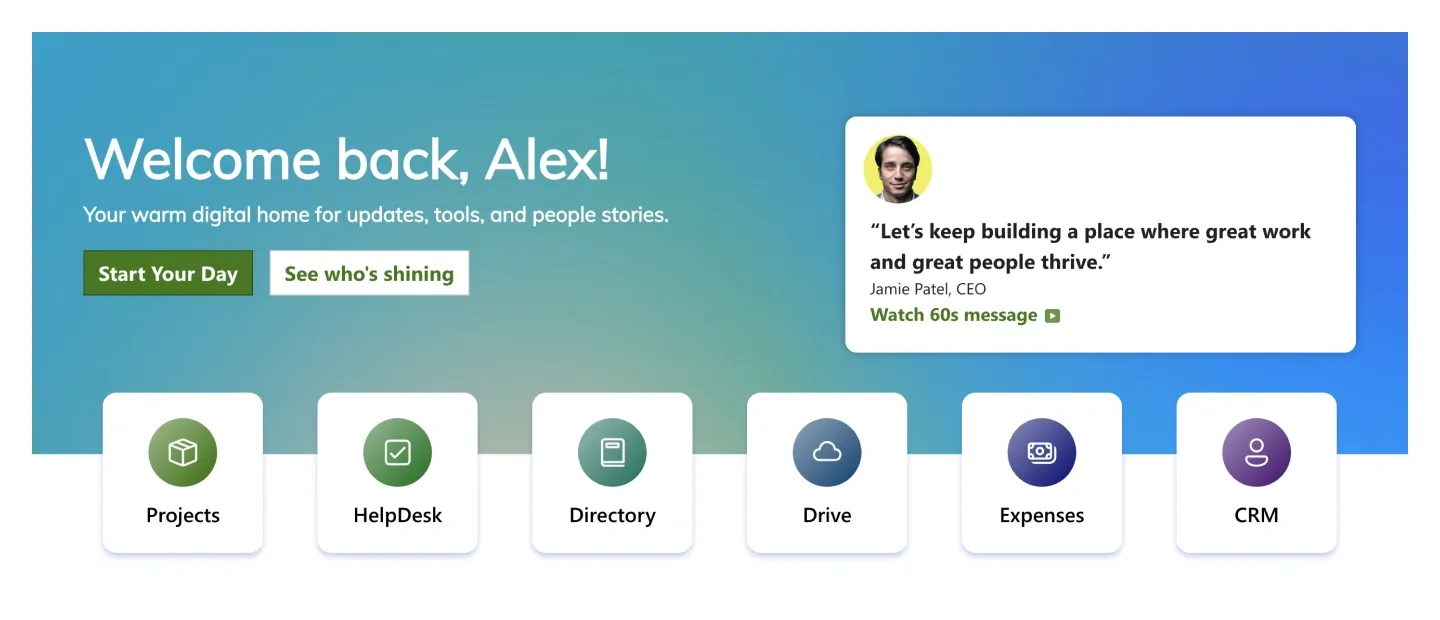 Bright gradient SharePoint welcome header with two buttons, CEO quote card and six white app tiles