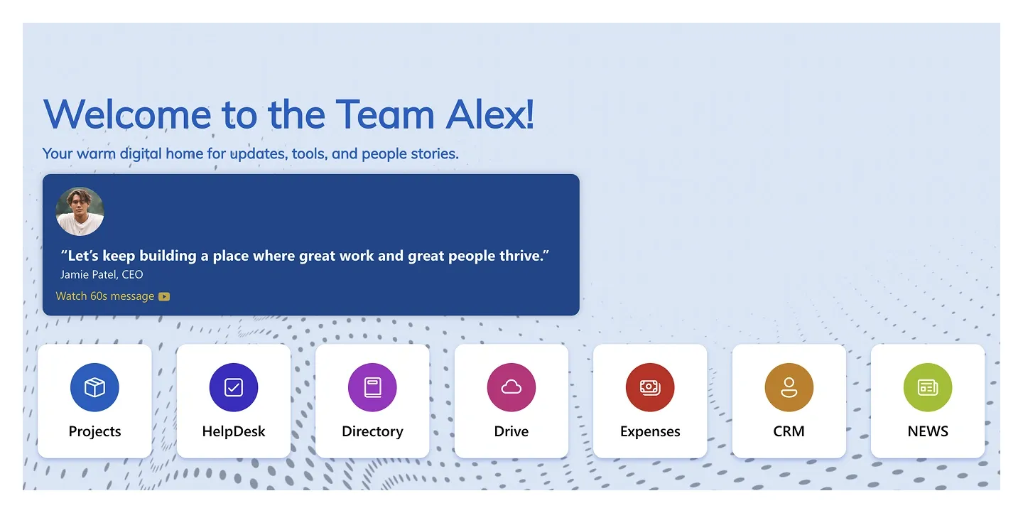 Light blue SharePoint welcome header with CEO quote card and seven white icon shortcut tiles