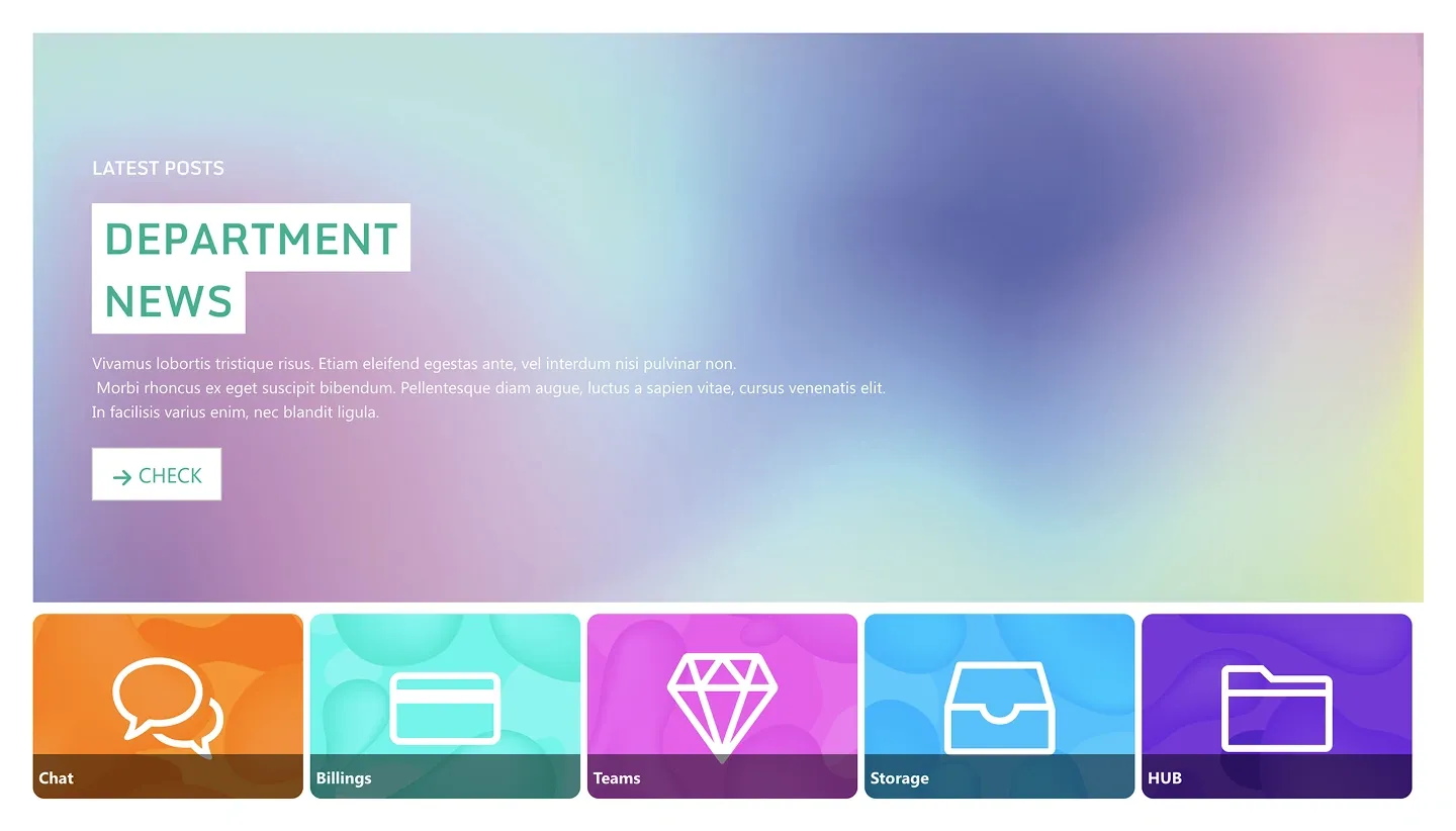 Pastel gradient SharePoint header for department news above five bold colour icon tiles