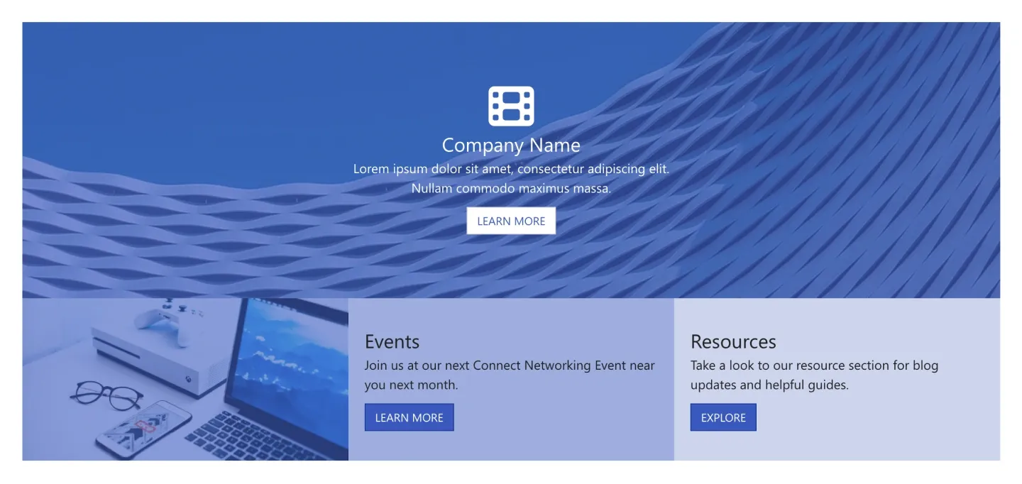 Blue wave SharePoint banner with company name and button above photo panel and two text columns