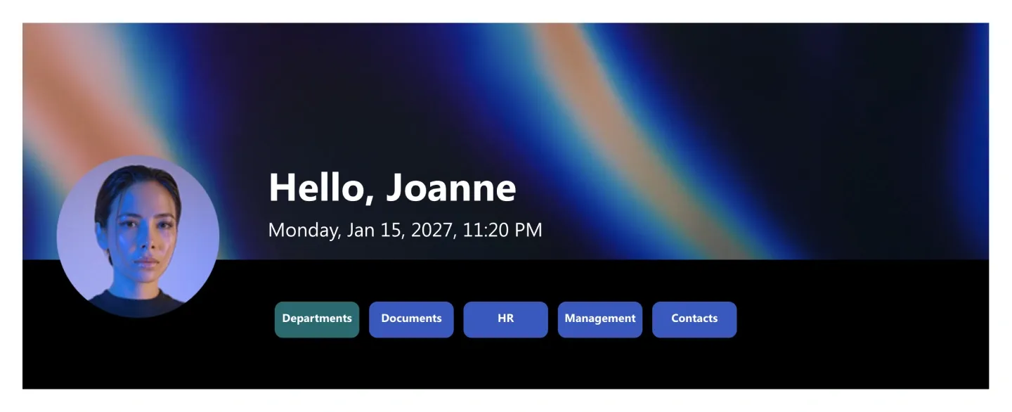 Dark aurora SharePoint header with circular portrait, personal greeting, date and navigation pills