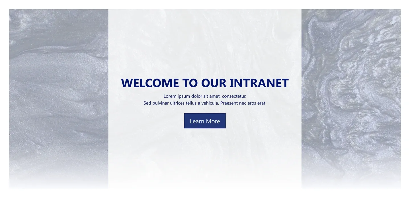 Marble-textured SharePoint hero with centered Welcome to Our Intranet headline and Learn More button