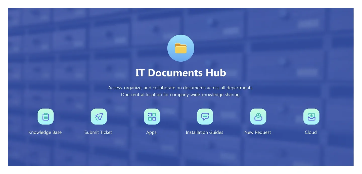 Blue blurred-photo SharePoint hero with folder icon, IT Documents Hub title and six icon shortcuts