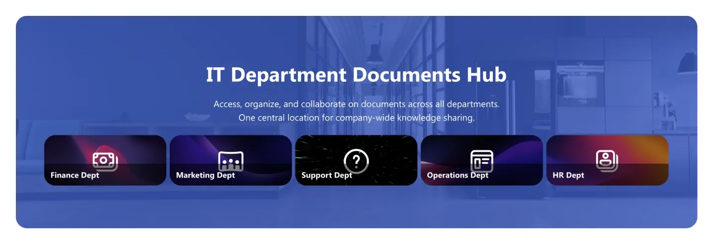 IT Department Documents Hub SharePoint header above five dark department photo tiles