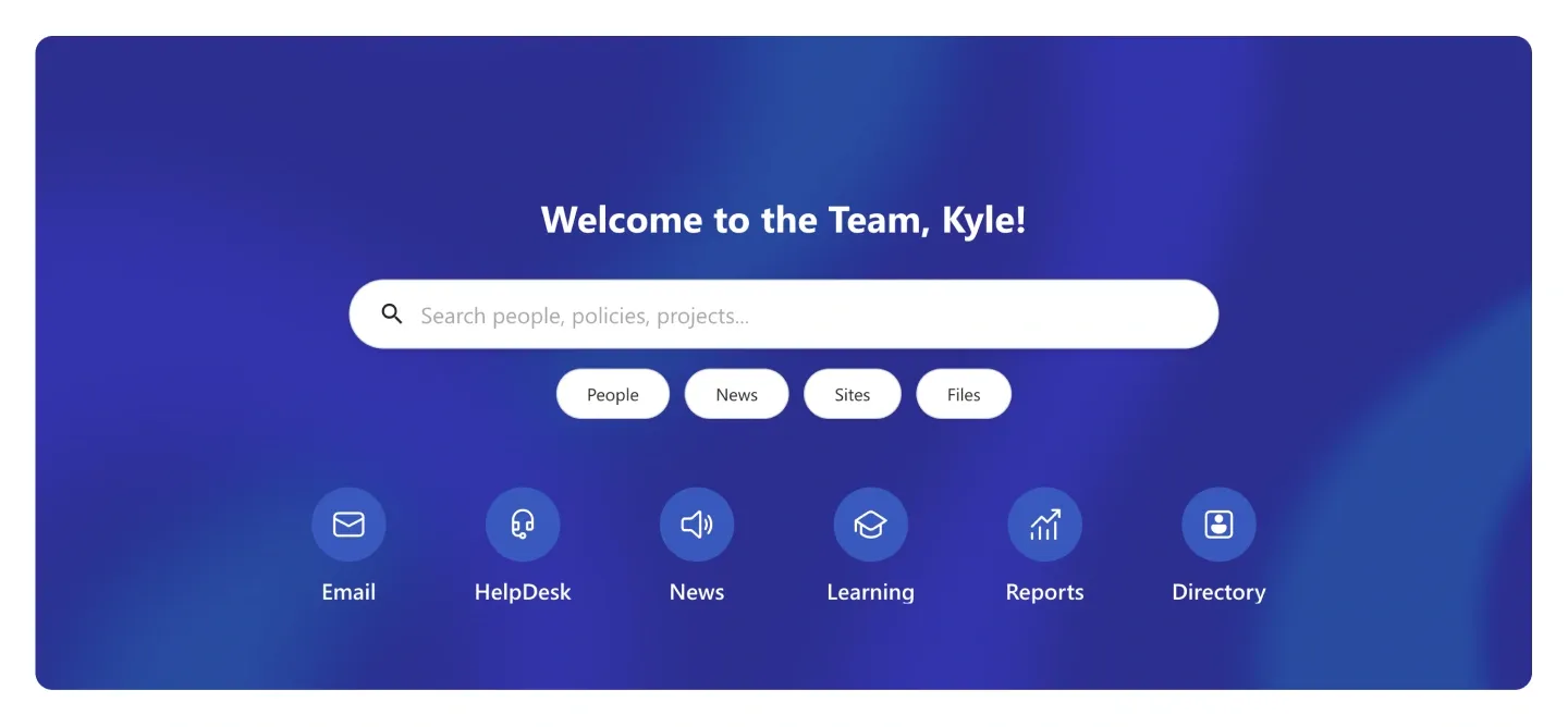 Deep blue SharePoint welcome header with rounded search bar, scope pills and six round icons