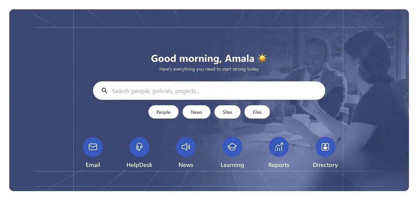 Good Morning SharePoint hero over office photo with search bar, scope pills and six round icons