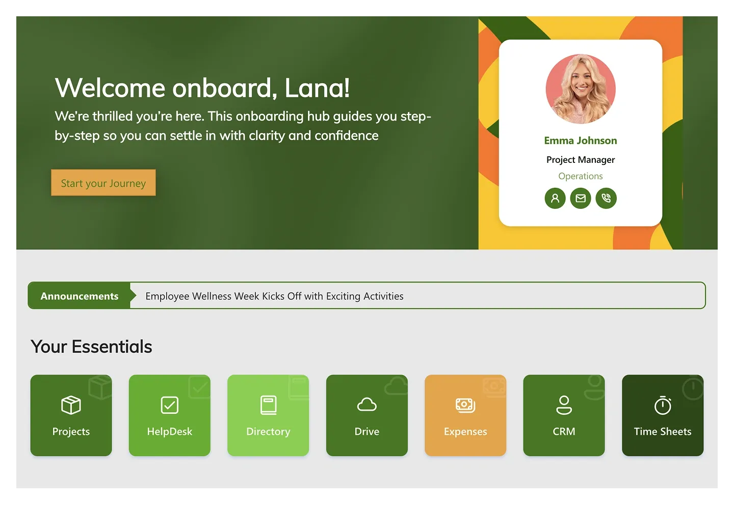 Green onboarding SharePoint header with welcome text, buddy card, announcement ticker and essential tiles