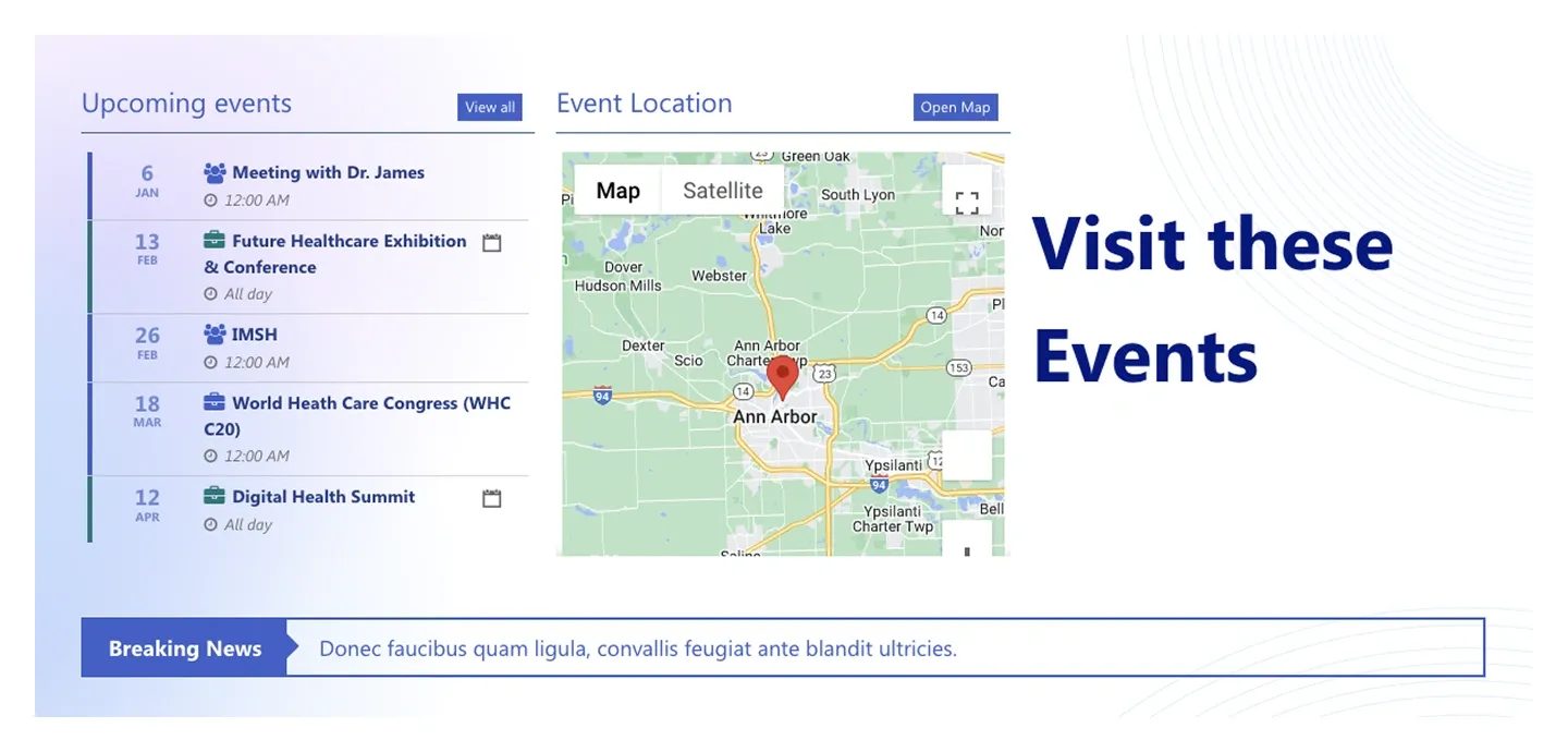 Healthcare events section with upcoming events list, embedded venue map, bold title and breaking news ticker