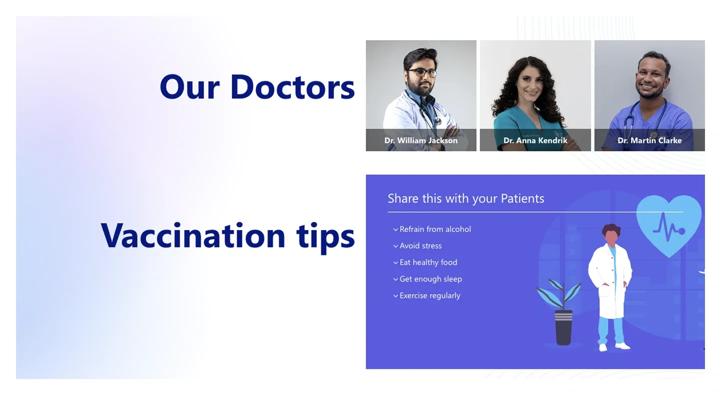 Healthcare team section with Our Doctors photo strip and Vaccination Tips checklist card