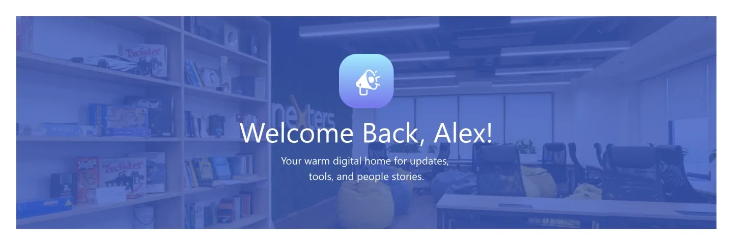 Blurred office photo SharePoint hero with purple app icon and Welcome Back headline