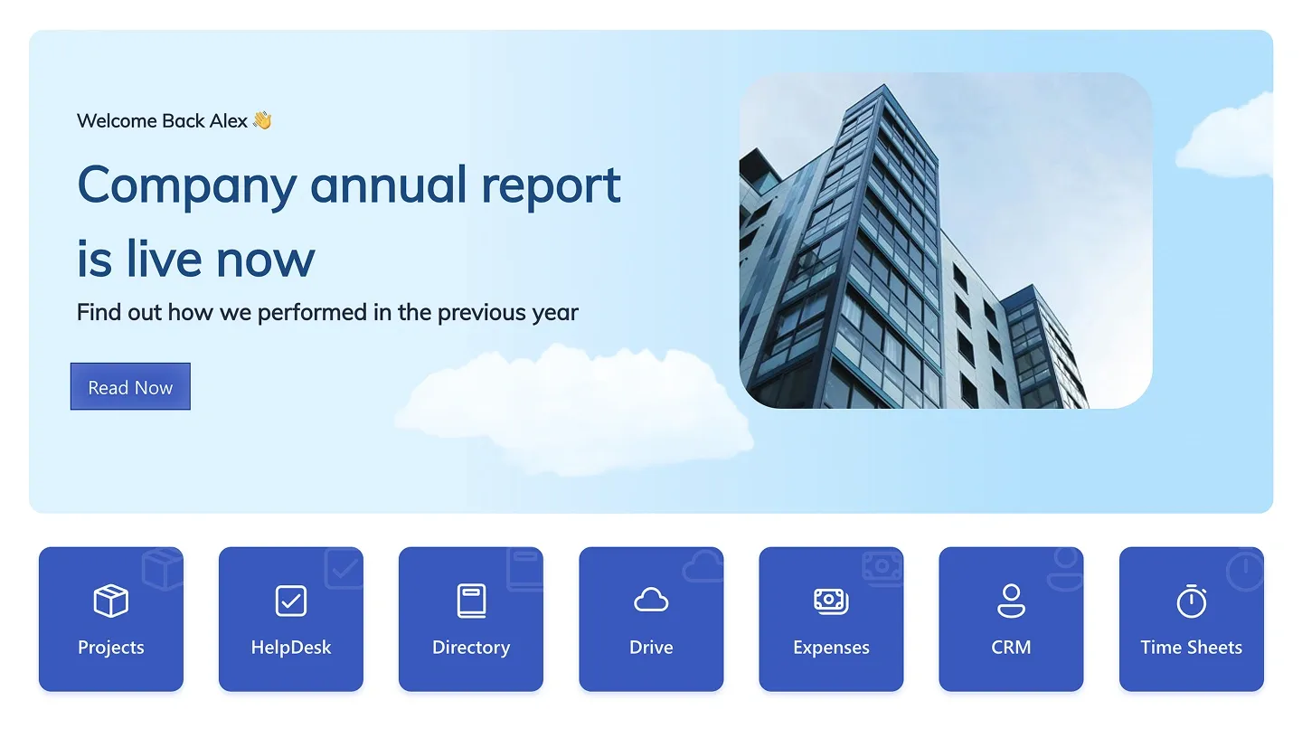Sky-blue SharePoint announcement hero with headline, button and photo above seven blue icon tiles