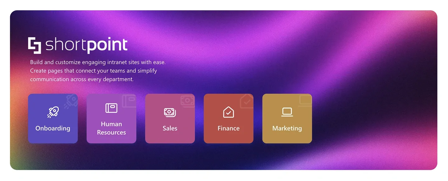 Dark purple-pink gradient SharePoint hero with logo, intro text and five coloured department tiles
