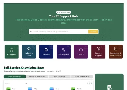 SharePoint IT Helpdesk Template: Self-service knowledge base, requests, alerts, contacts.
