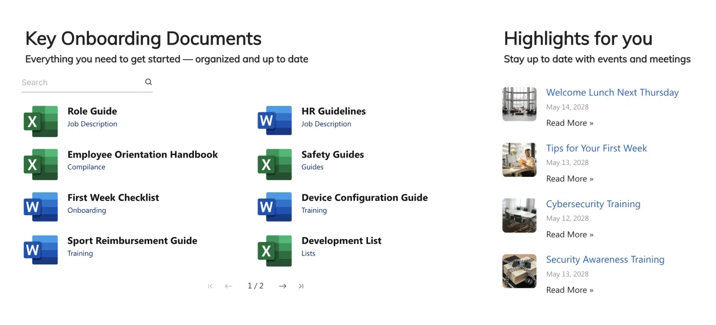 Key Onboarding Documents list with file icons beside a Highlights news list with thumbnails