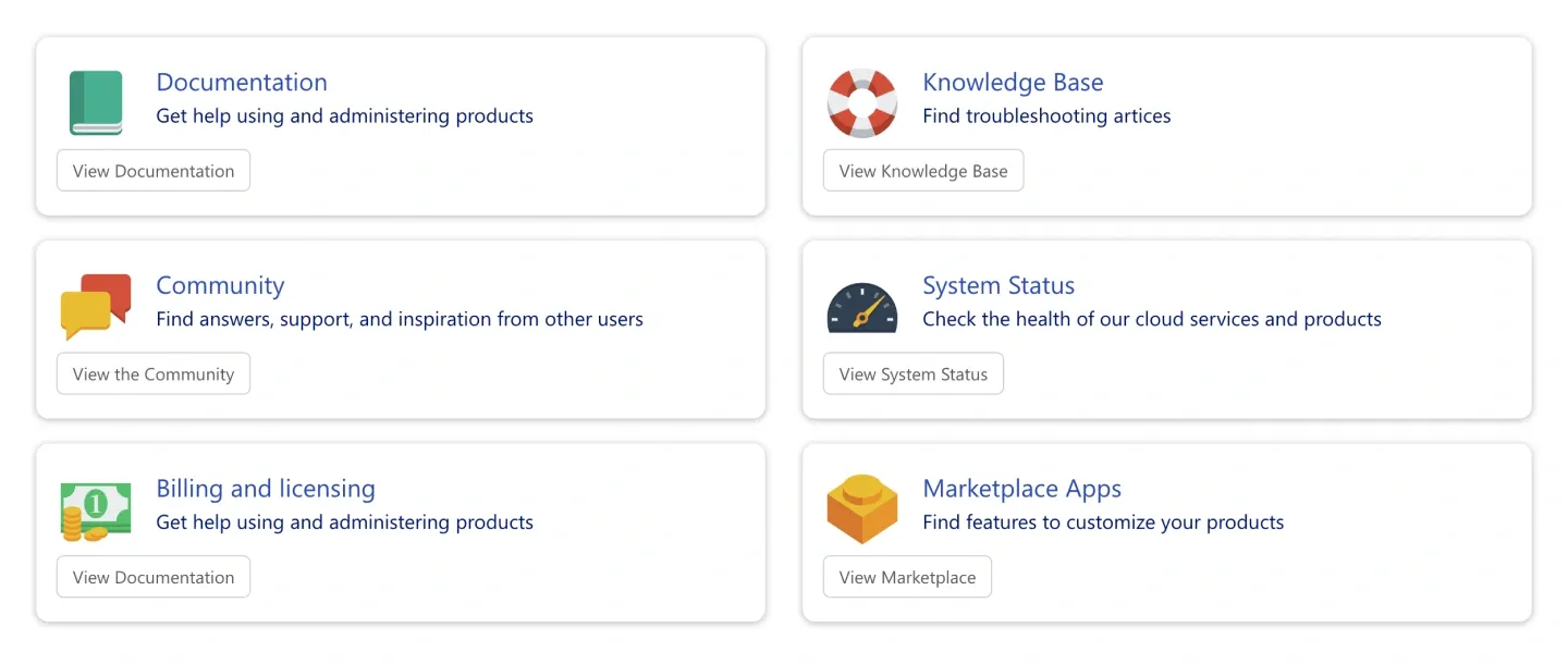 Knowledge base section with six outlined help cards showing icons, descriptions and buttons