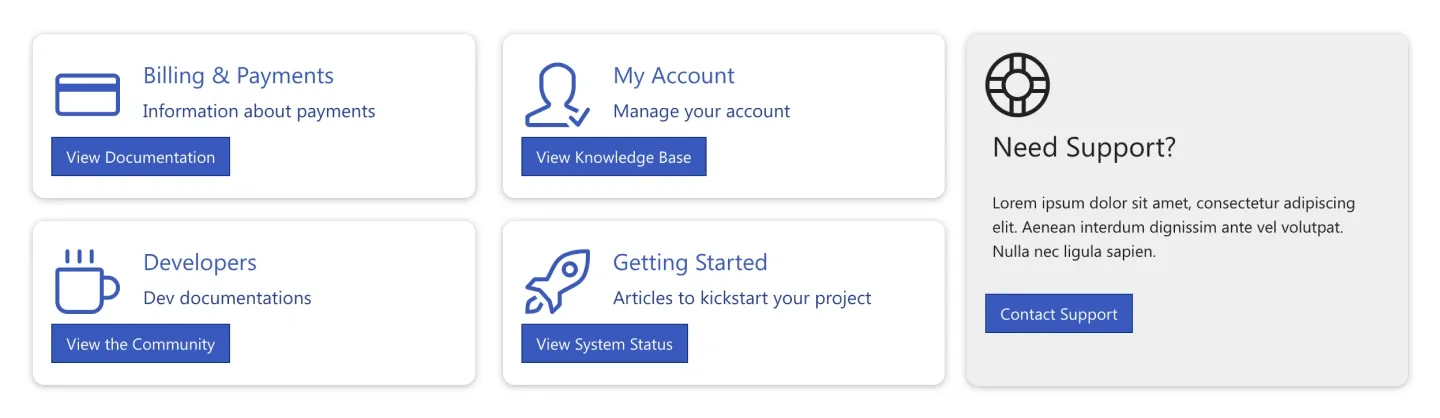 Knowledge base section with four help cards beside a Need Support panel with contact button