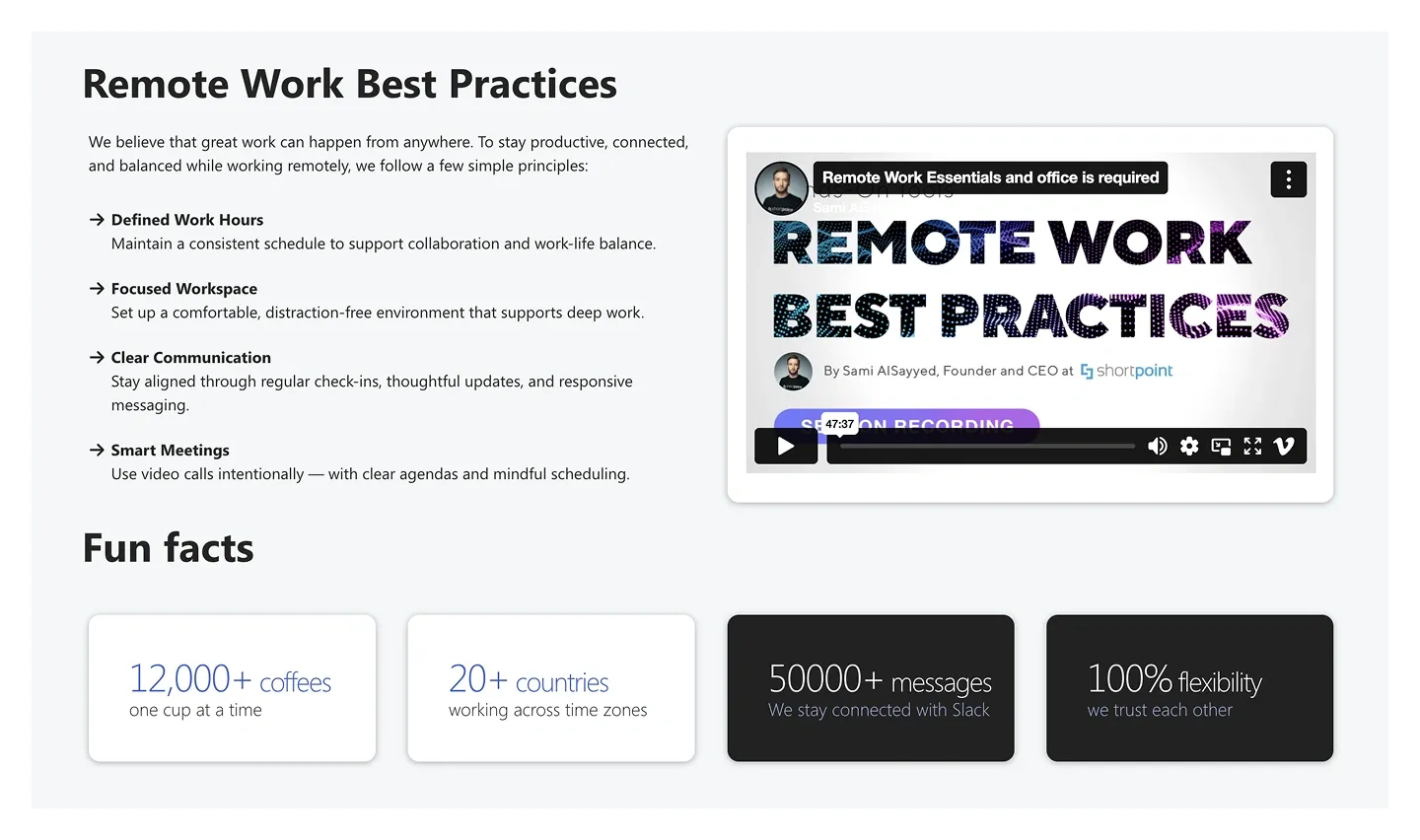 Remote Work Best Practices article with embedded video above four Fun Facts stat cards