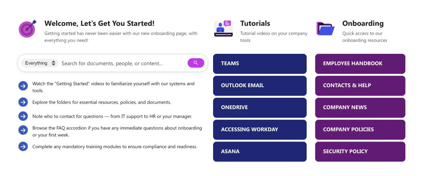 Getting Started knowledge base with search bar, five guided steps and eight bold link buttons