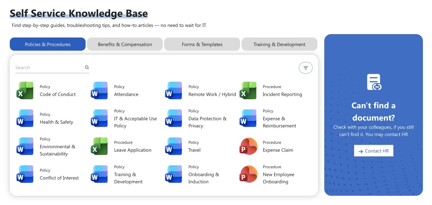 Self Service Knowledge Base document library with tabs, search, file grid and a support card