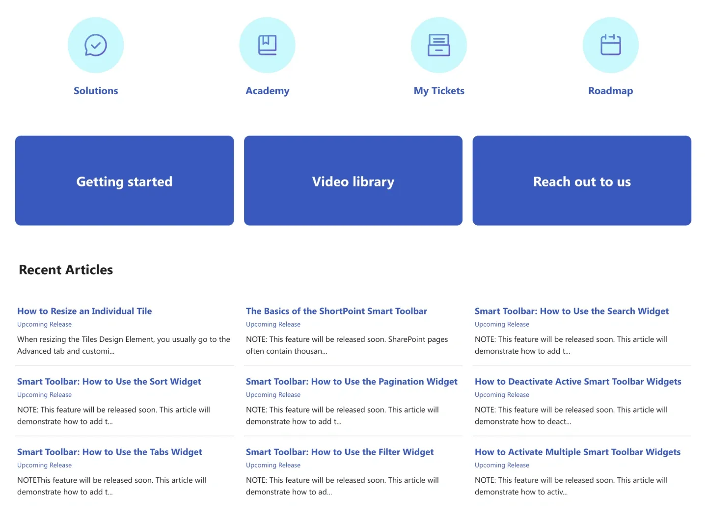 Knowledge base section with round icon links, three blue action tiles and a recent articles grid