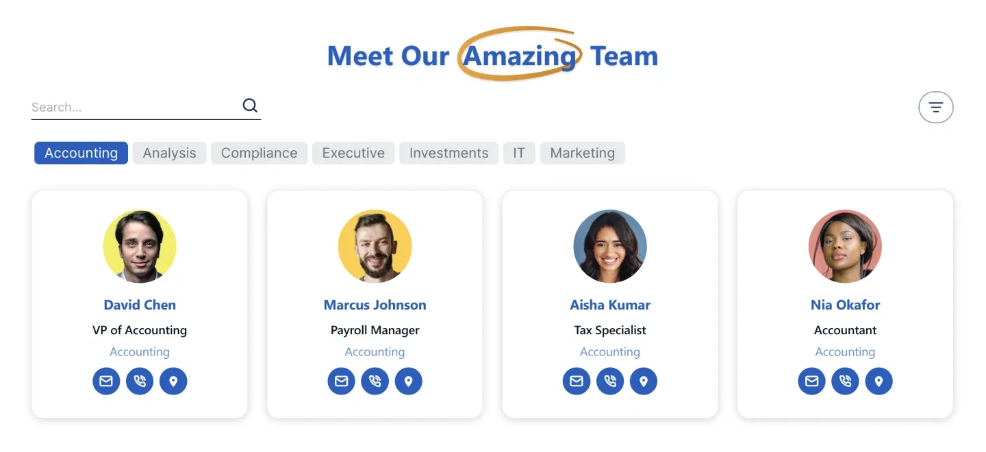 Meet Our Team grid with search, department tabs and four cards with round photos and contact icons