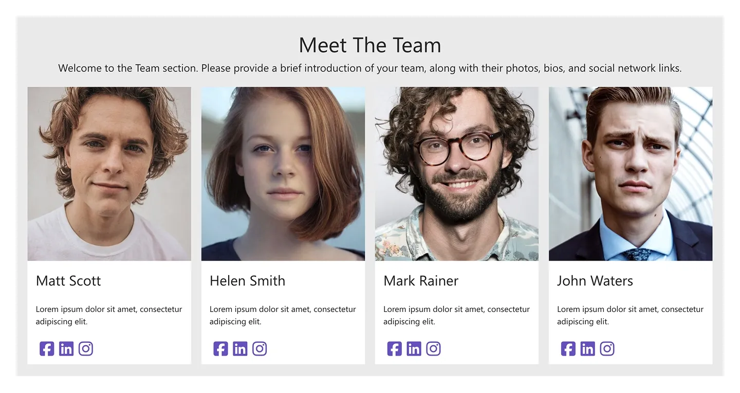 Meet The Team row of four colour portraits with names, one-line bios and social icons