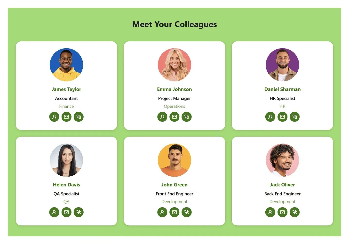 Meet Your Colleagues section on green panel with six white cards showing photos, roles and contacts