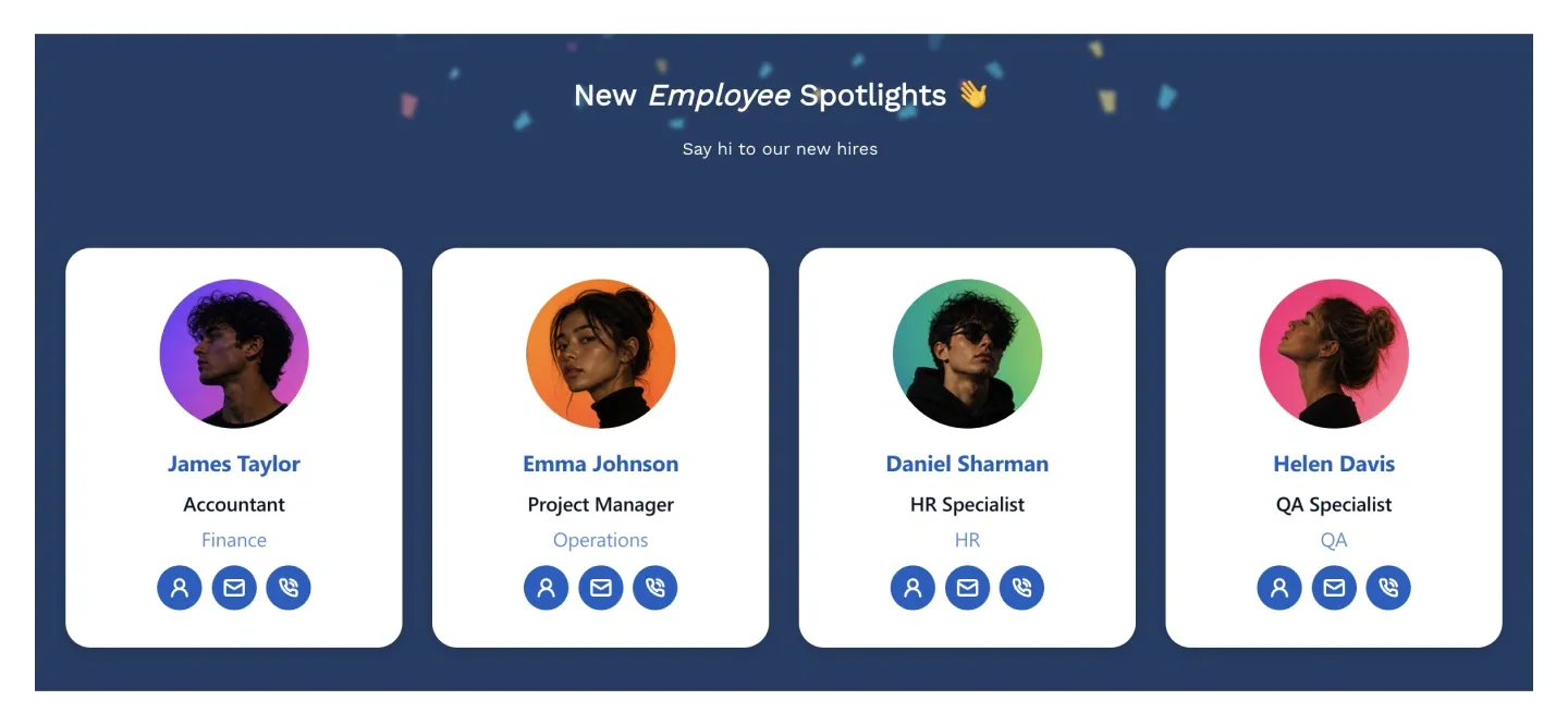 New Employee Spotlights section with confetti and four white cards showing photo, name, role and contacts