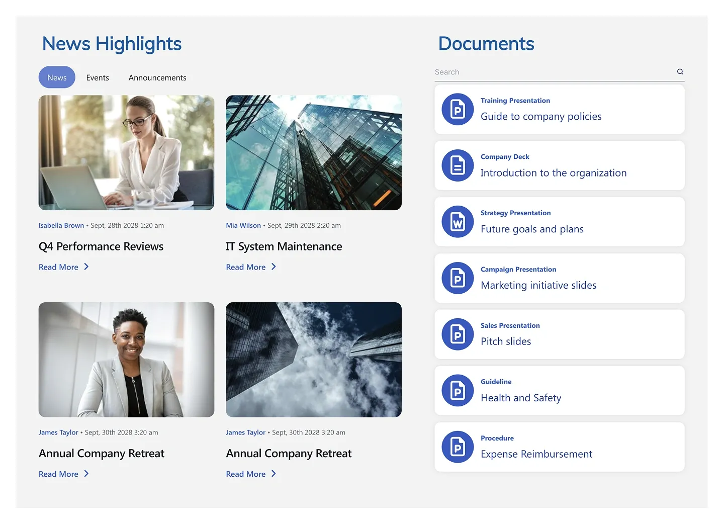 News Highlights with tabbed photo news grid beside a searchable Documents list with file icons