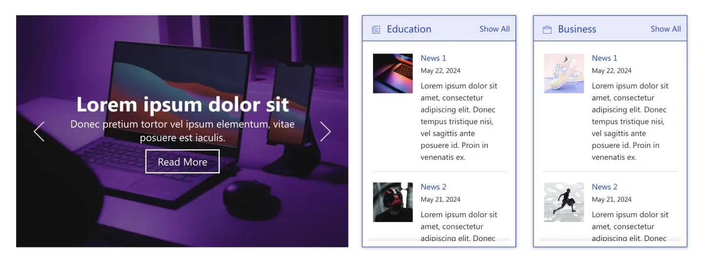 SharePoint news slider with headline overlay beside two category columns with thumbnails