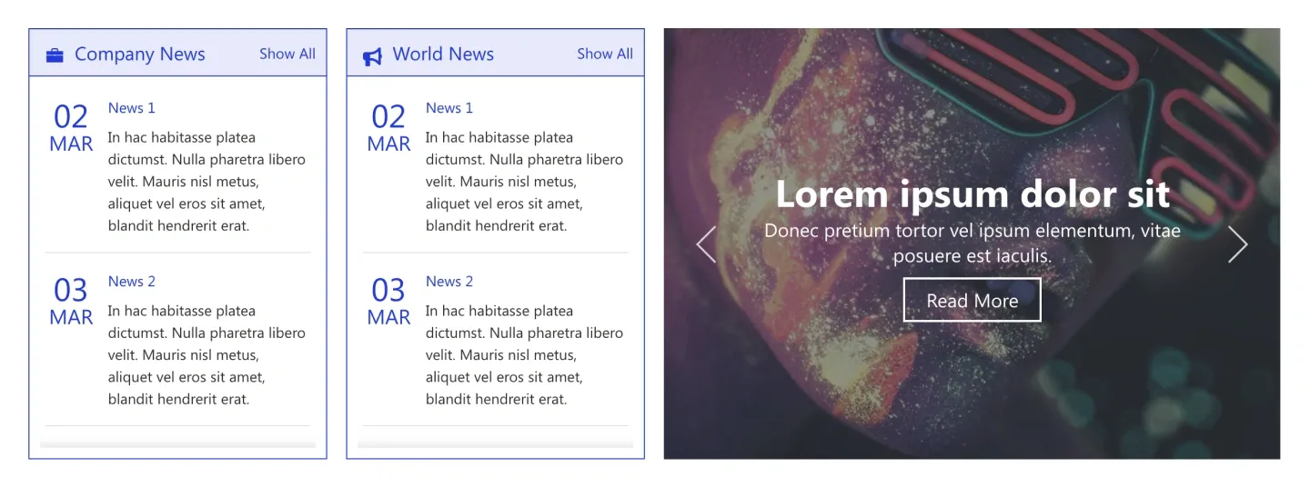 Two boxed news columns with date badges beside a dark photo news slider