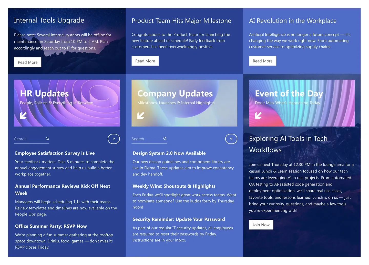 Blue SharePoint news layout with three featured stories, gradient category headers and lists