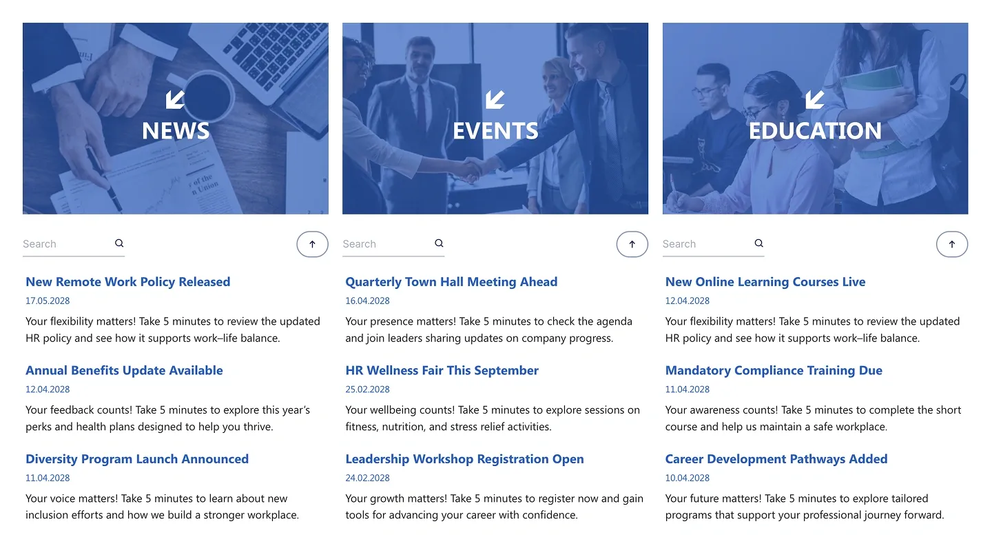 SharePoint news section with blue-tinted News, Events and Education photo headers and story lists