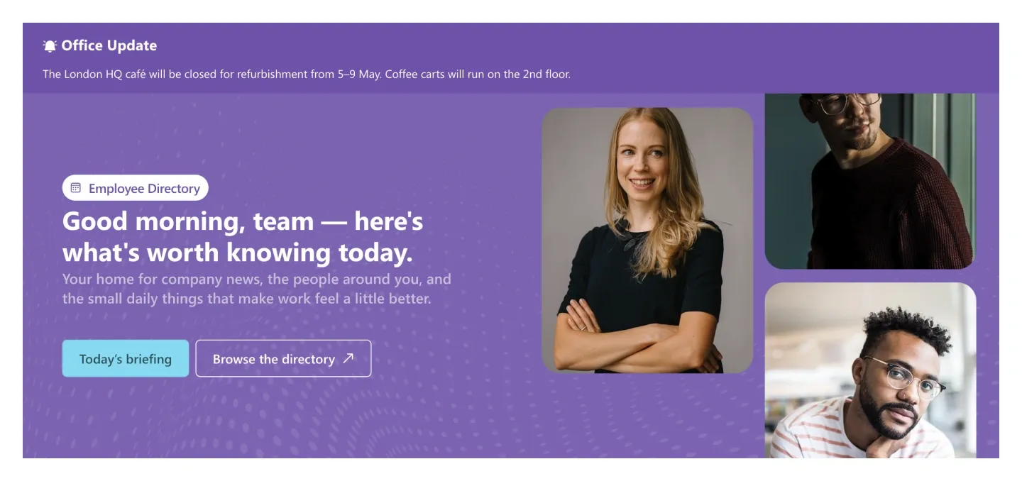 Purple SharePoint header with Office Update ticker, greeting, two buttons and three team photos