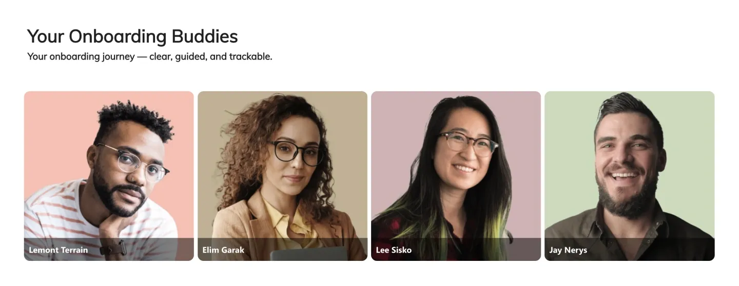 Your Onboarding Buddies section with four full-bleed portraits on pastel backgrounds and name labels