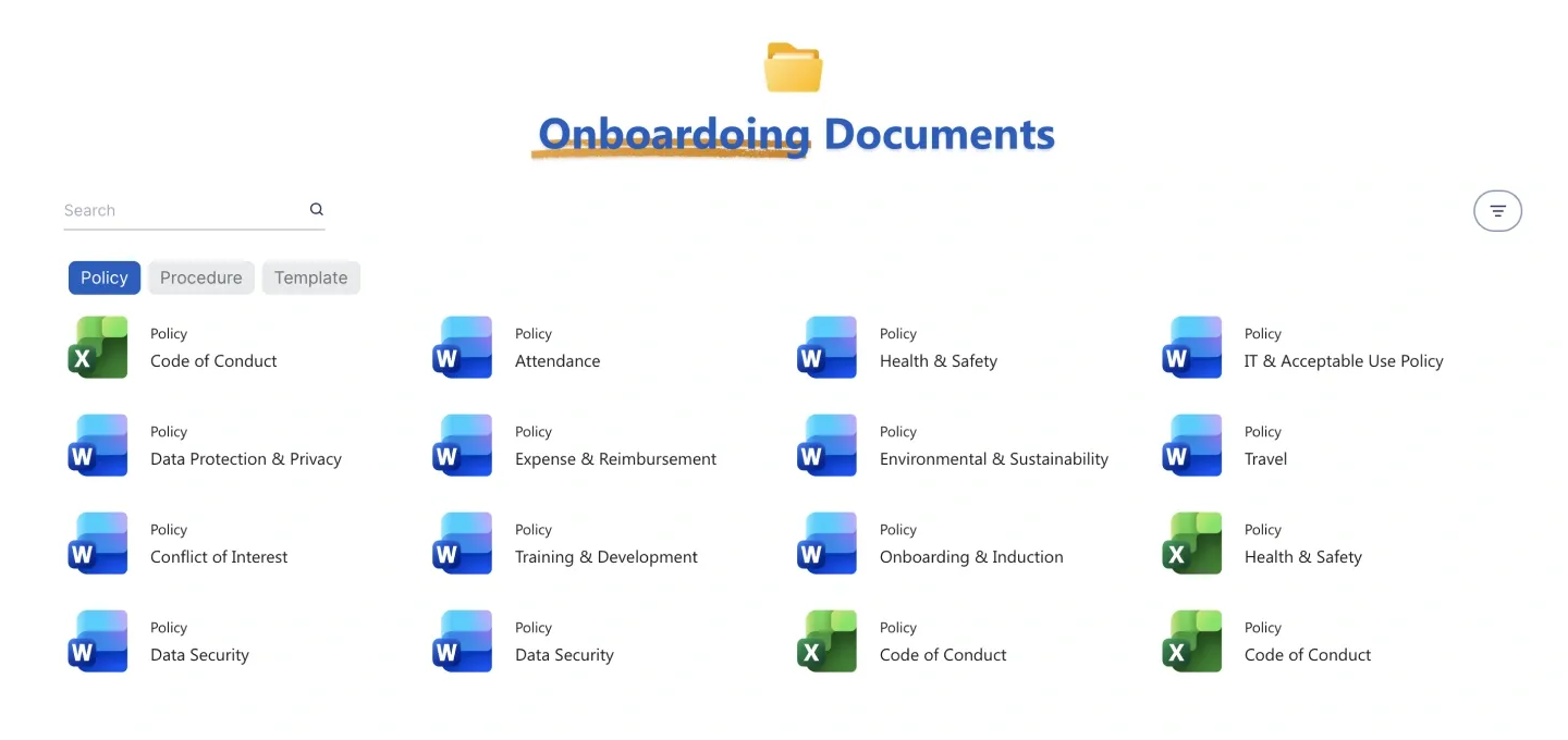 Onboarding Documents section with centered title, search, filter chips and a four-column policy file grid